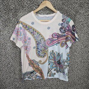 Desigual Top Womens Medium Blue Paisley Print Semi Sheer Tee Casual Ladies‎